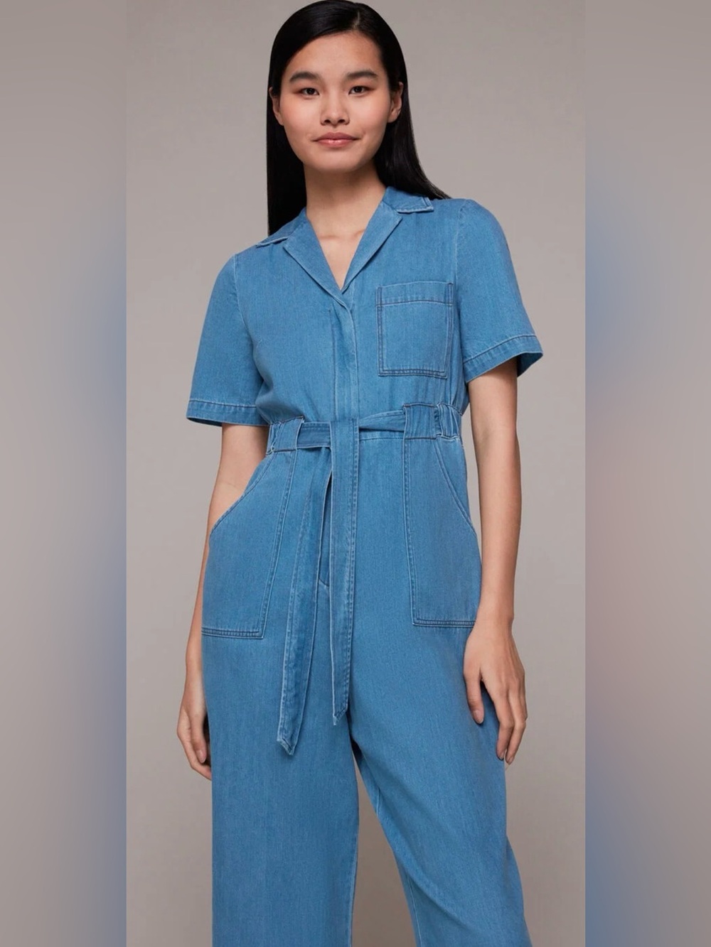 Whistles Light Blue Denim Jumpsuit with Tie Waist